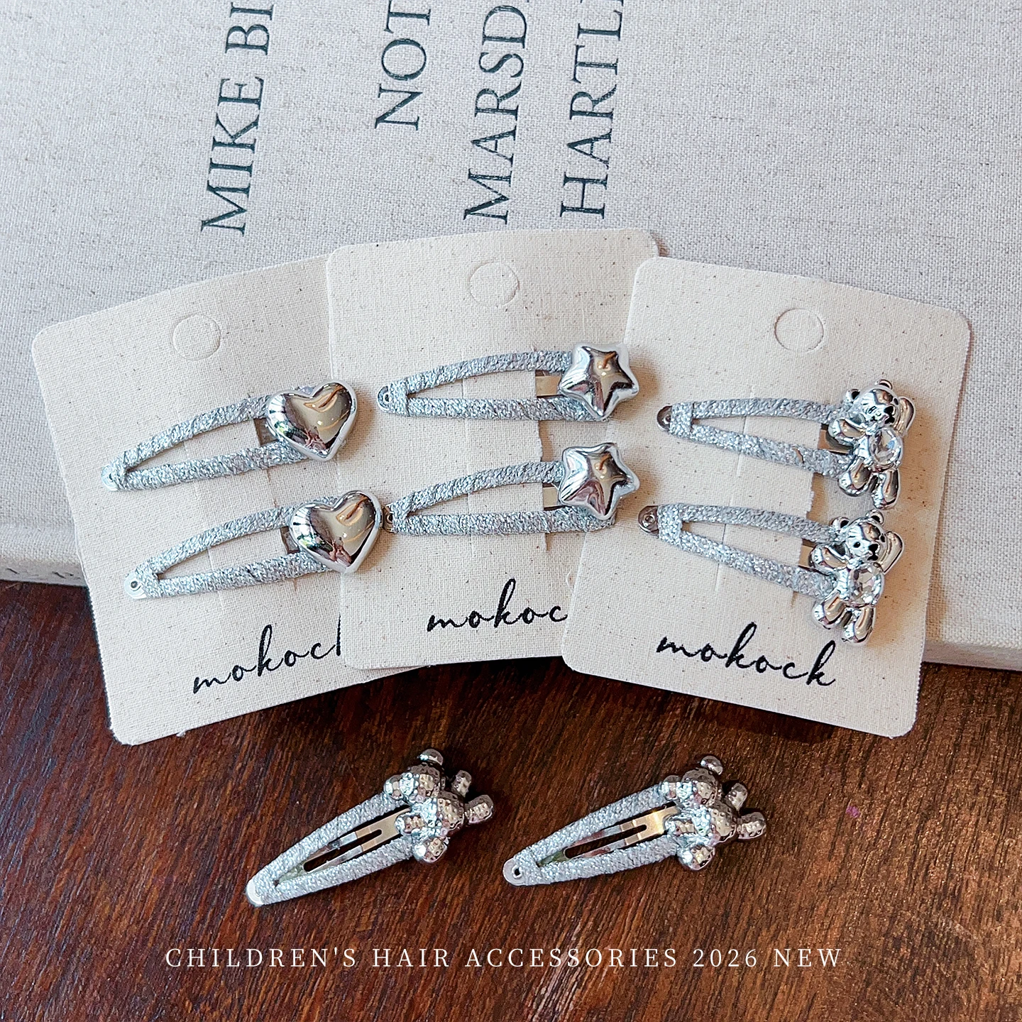 2 Stück/Set, niedliche Haarspangen mit Bären-, Herz- und Sternmotiven, silberfarbene Metall-BB-Haarspangen, Mädchen-Haarspangen, Kinder-Haarschmuck. – Detail 8