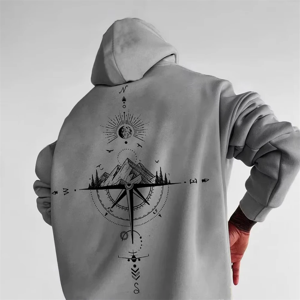 2024 Summer Men's Neck Hoodie 3D Compass Printed Sweatshirt Simple Fashion Male Clothing Loose Oversized for Men New