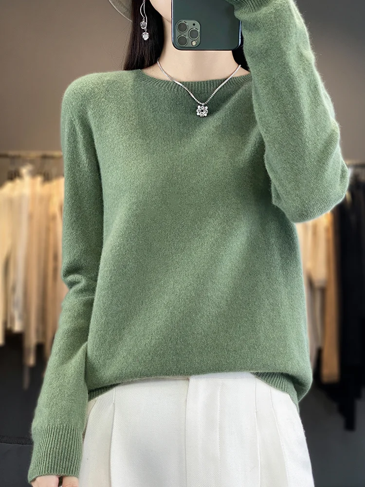 Casual feminino outono inverno pulôver camisola sólida quente macio o-pescoço 100% lã merino conforto de malha roupas básicas topos