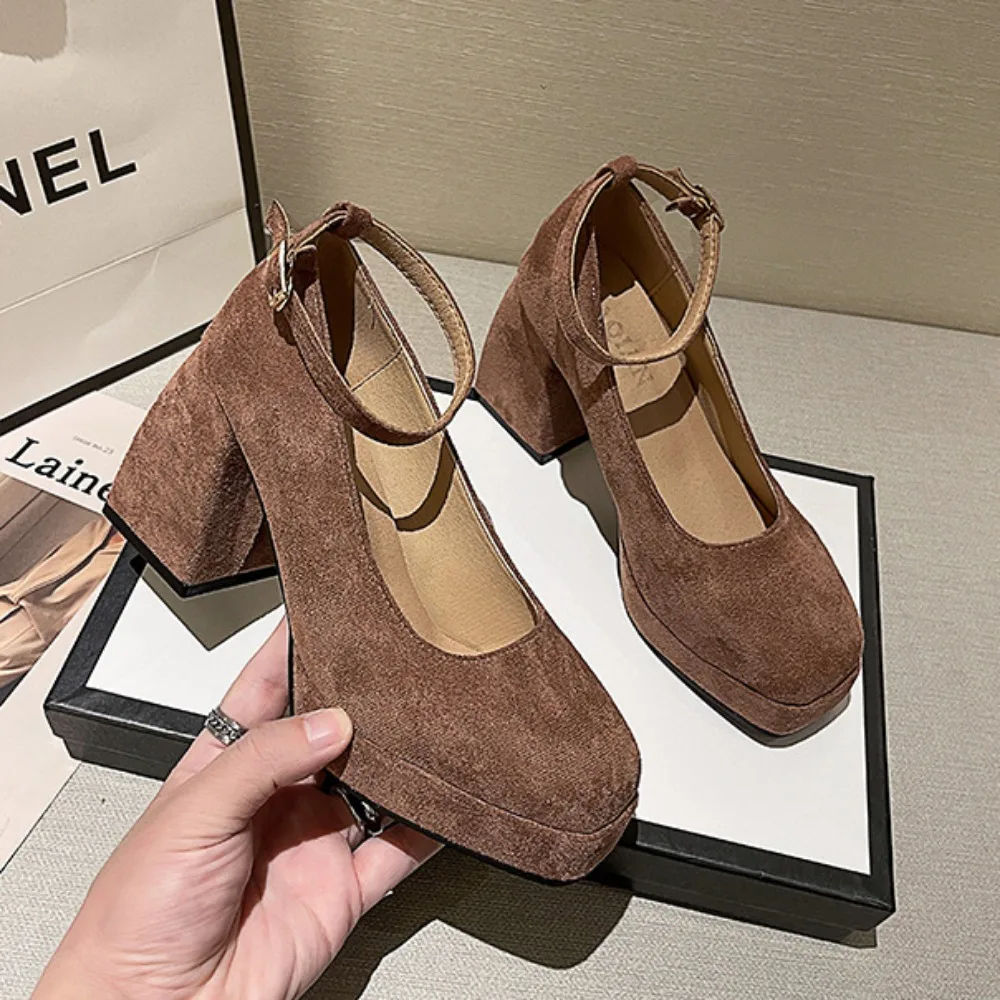 High Heels Women New Style with One Line Buckle Strap for Women's Shoes Spring Retro Versatile Mary Jane Single Shoes for Womens