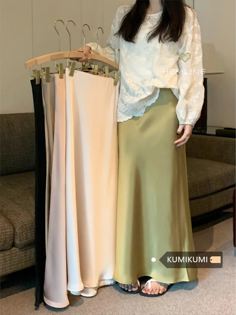 

Satin Skirt Women Summer Champagne Fishtail Hip Silk Slip Maxi Long Clothing Basics Korean Fashion Faldas De Mujer Elegantes