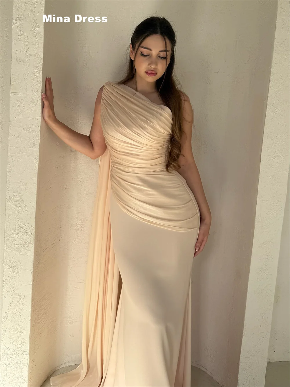 Mina Customized Slant Shoulder Elegant Night Dresses for Special Occasions Folds Elegant Chic Woman Evening Dress Party Prom