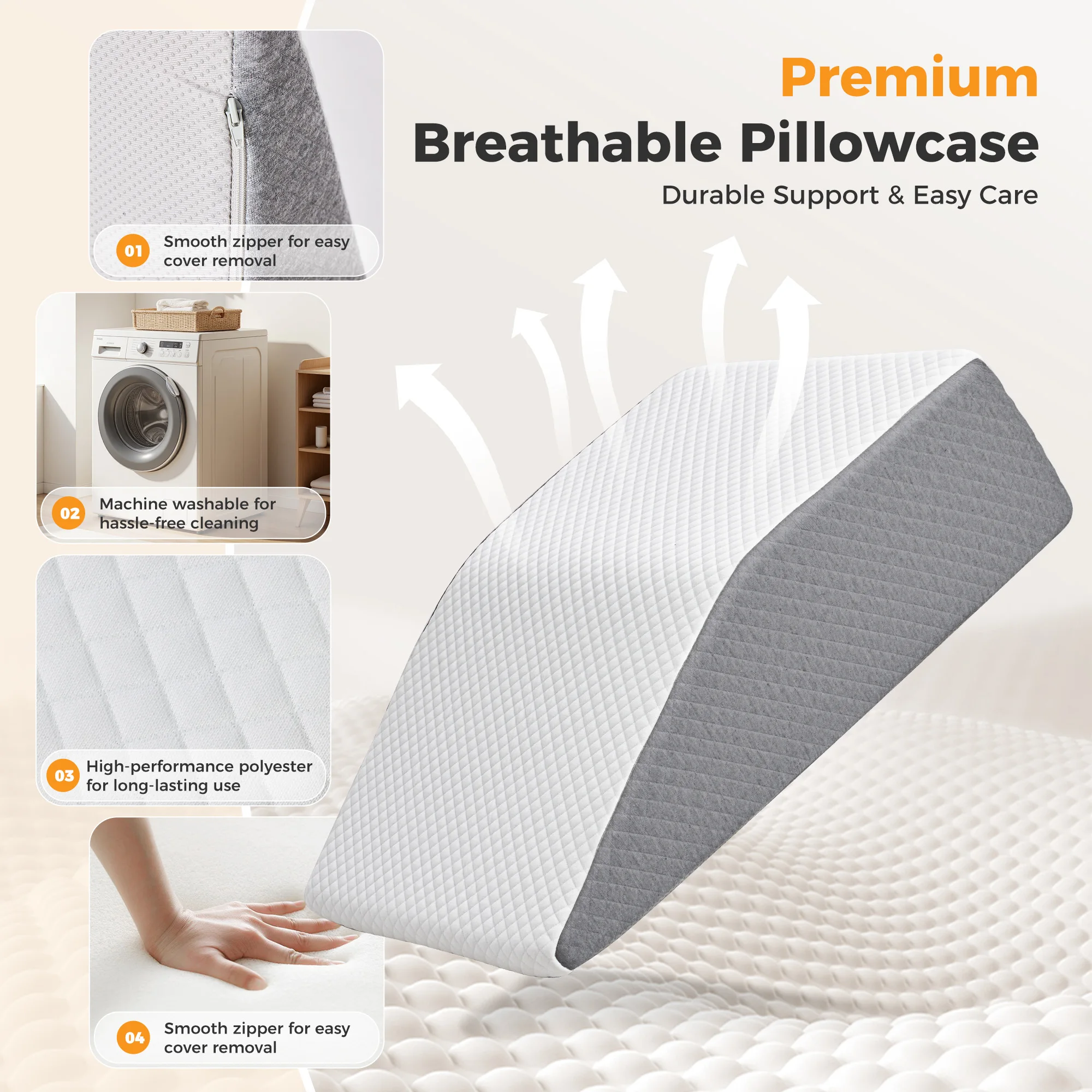 MCQ 1-Piece 7 Inch Wedge Pillow Comfort Foam Neck Support Pain Relief Ventilated Cooling Bed Pillow Standard Size