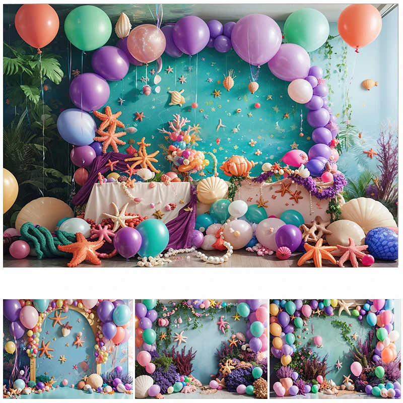 

LS Photography Background Mermaid Theme Photo Backdrop Cake Smash Kids Birthday Party Arch Balloon Coral Shell Decoration Props