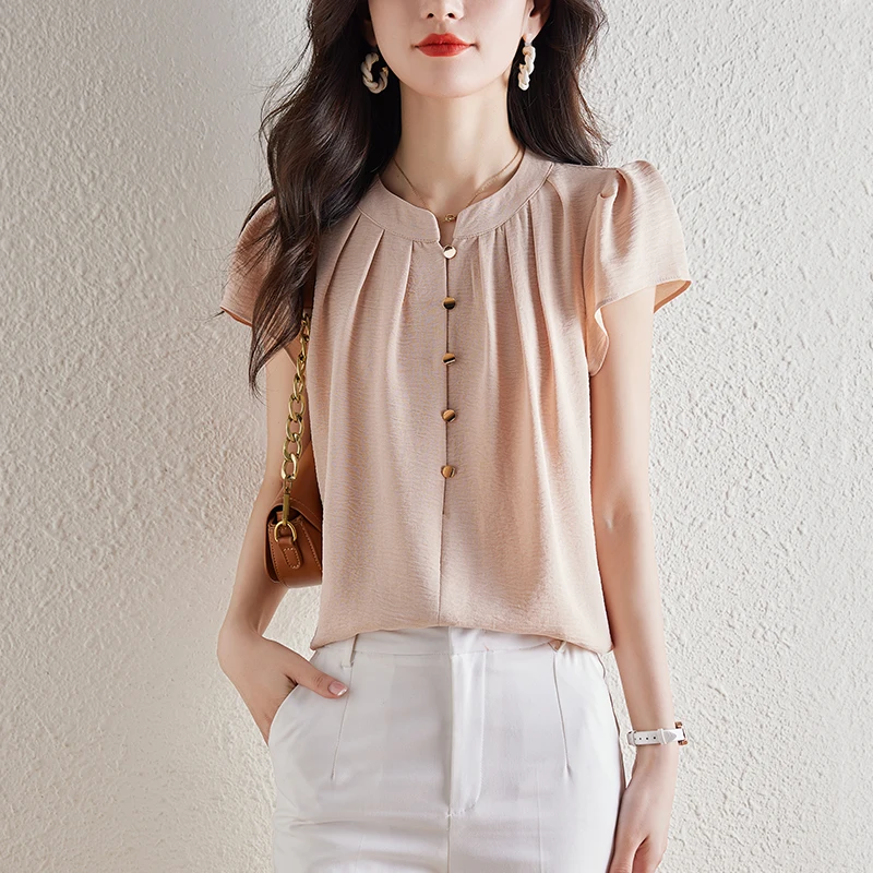 

Vintage Button-Trim O-neck Short Sleeve Summer Shirts Blouses Women Elegant Office Khaki Gray Green Top