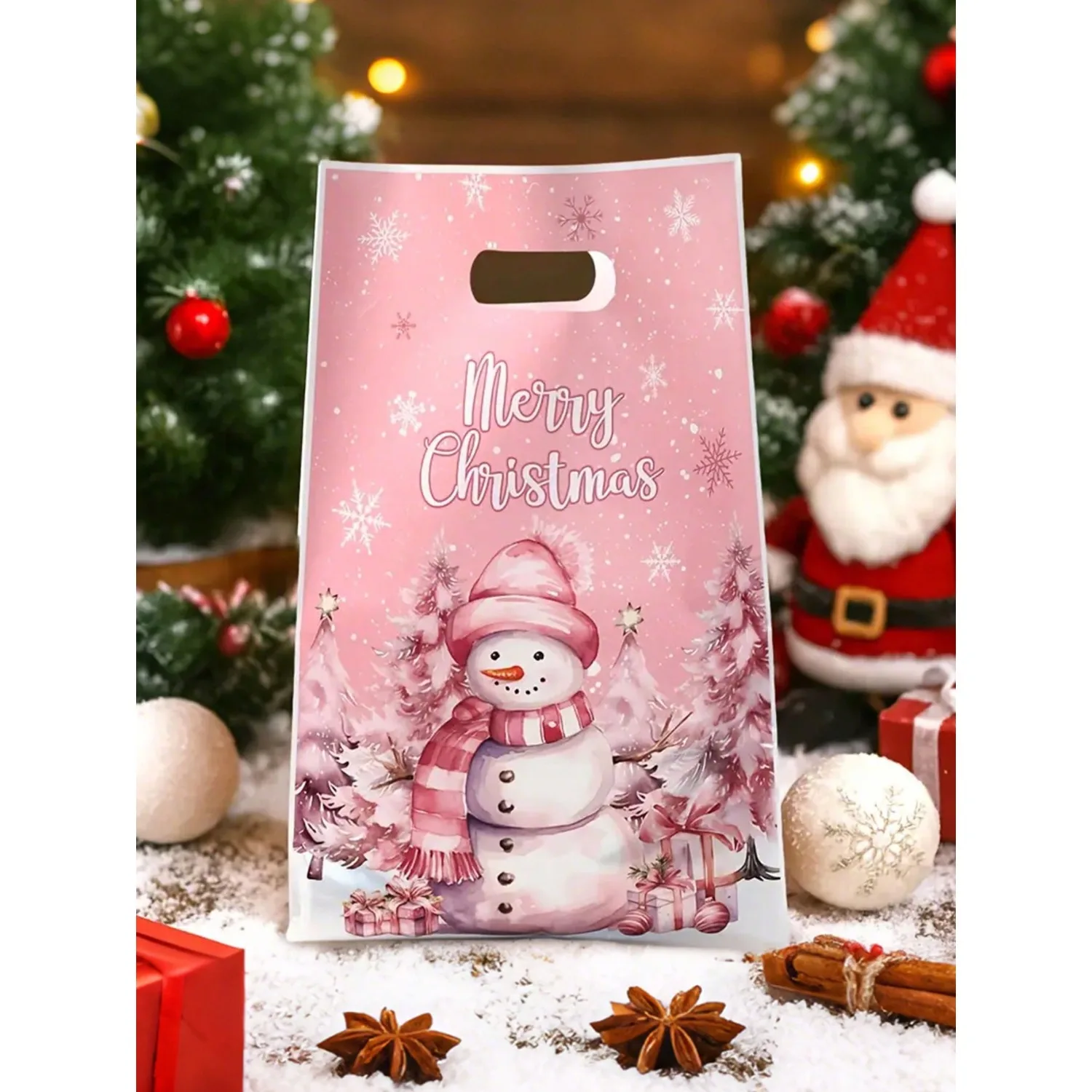 Bella borsa regalo di Natale rosa! Disegni natalizi da 10 x 6,5 pollici sfusi (confezione da 10/25), perfetti per regali di Natale e feste.