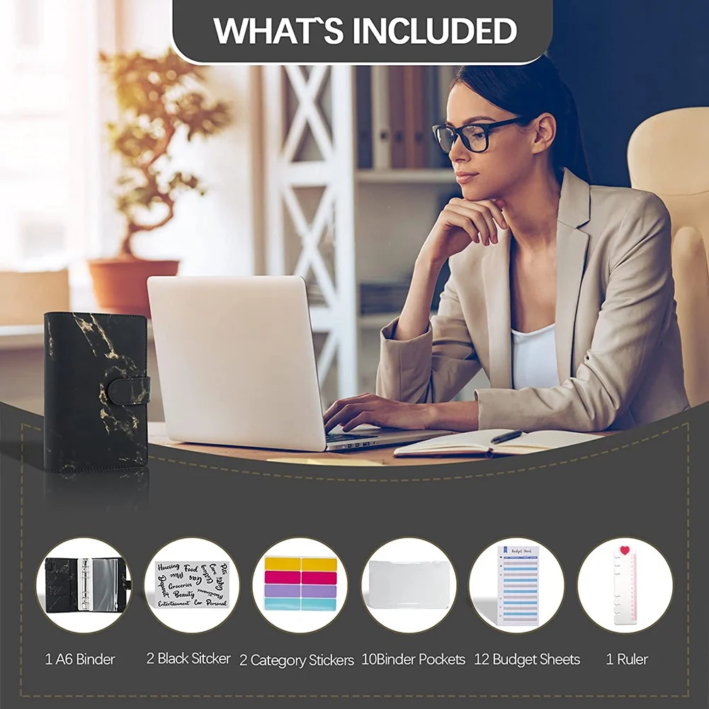 แฟ้ม A6 PU ราคาประหยัดพร้อมซองเงินสดใสแผ่นงบประมาณและสติกเกอร์ป้ายกำกับสำหรับจัดเก็บซองจดหมายให้เป็นระเบียบ