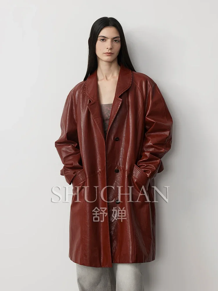 

New Retro Casual Luxury Brand Imported Oil Wax Goat Leather Long Leather Trench Coat Autumn 2024 Genuine Leather Jacket