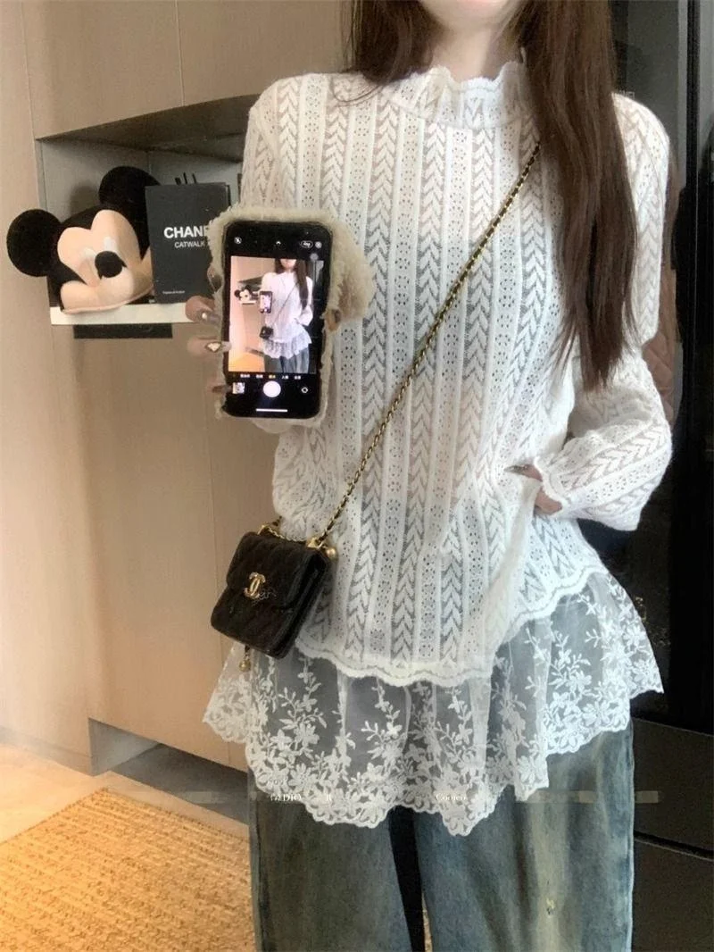 

Белая кружевная основа irt f Высокий воротник Средней длины Длинный све Внутренняя одежда Корейский дизайн Осенняя мода Уникальный базовый слой...