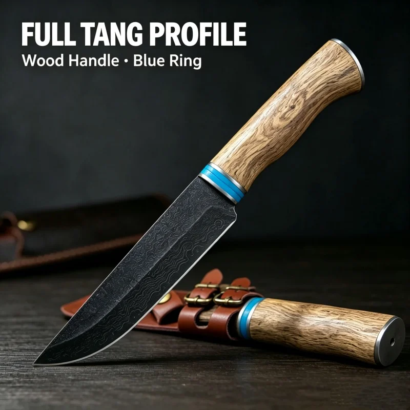 Fixed Blade Utility Knife Gift Box Set, Damascus Pattern Blade Wood Handle Hand Craft Collectible Tool, Wooden Sheath Included