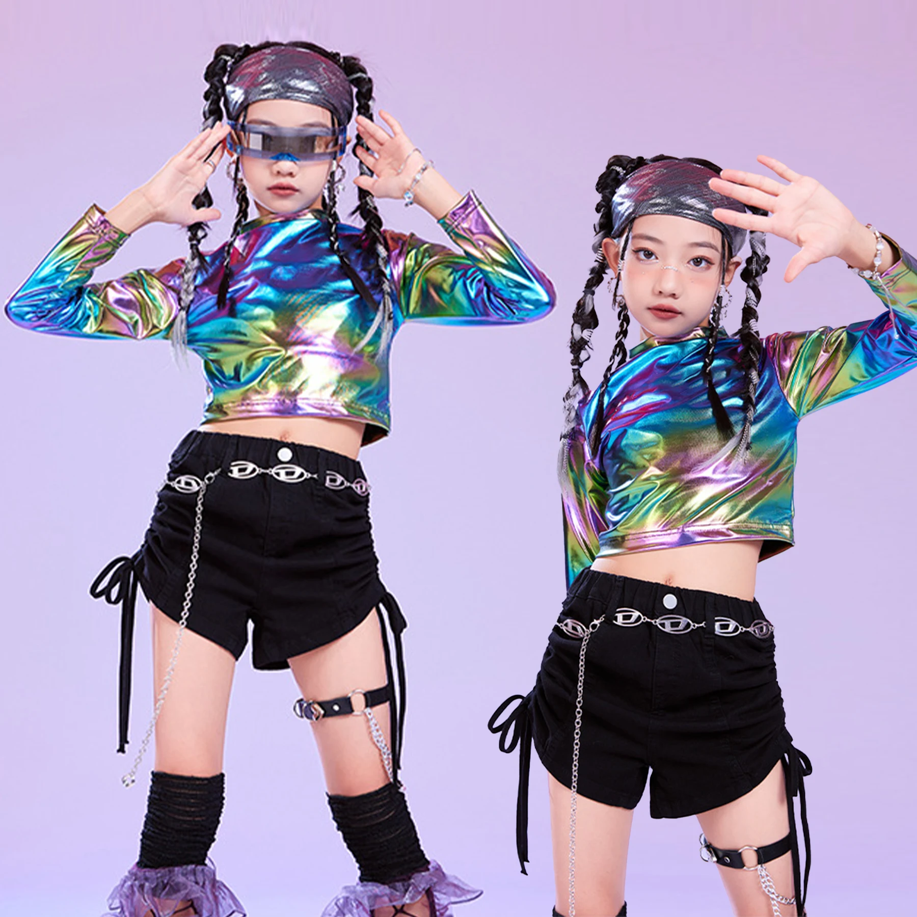 LOlanta Metallic Dance Tops for Girls Long Sleeve Cropped Top Shiny Hip Hop Party Holographic Shirt Dancewear 6-14Years view 3