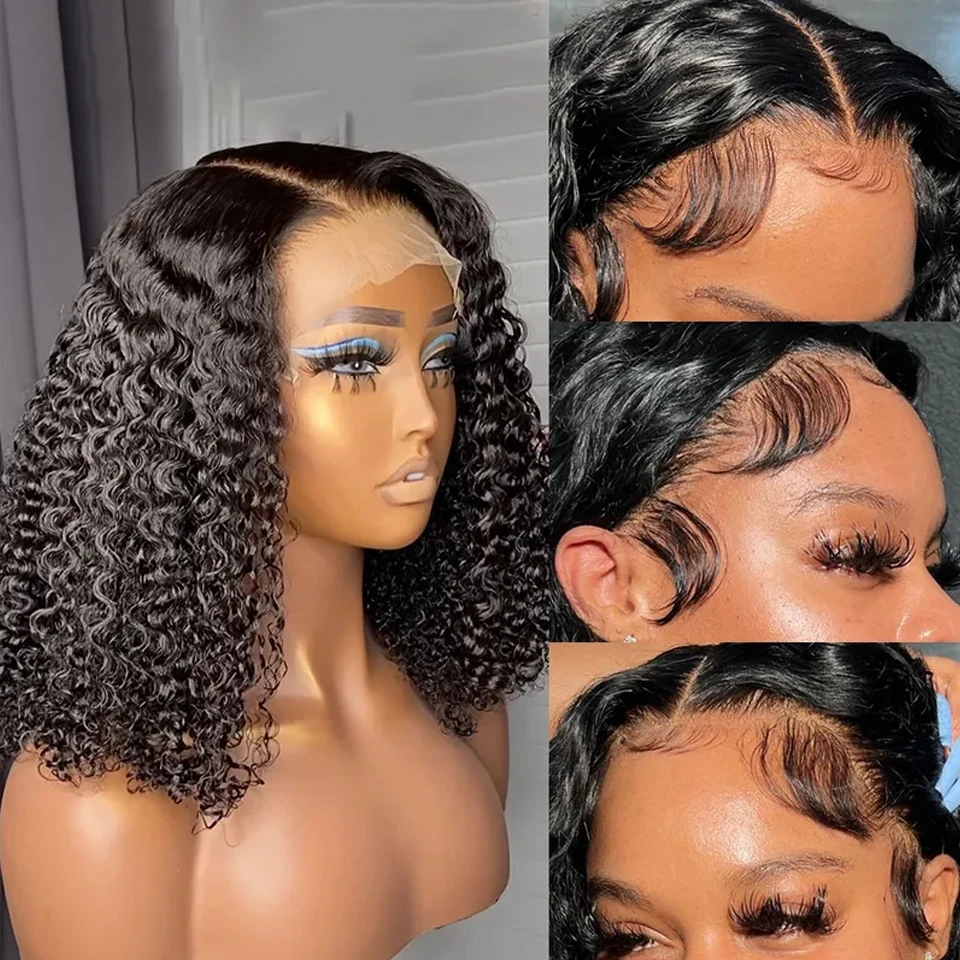 200 Density Curly Bob Wig Human Hair 13x4 HD Lace Frontal Deep Wave Wigs for Black Women Short Bob Wig Human Hair Glueless Wear and Go Deep Wave Lace Wigs Natural Black 14 Inch Pre Plucked image 3