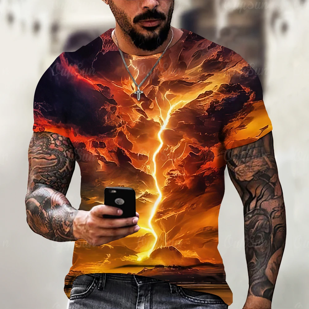 Men\'s 3d Lightning Print Mens Short-Sleeved Tops Summer Street Fashion T-Shirt for Men Casual Tees Oversized Clothing