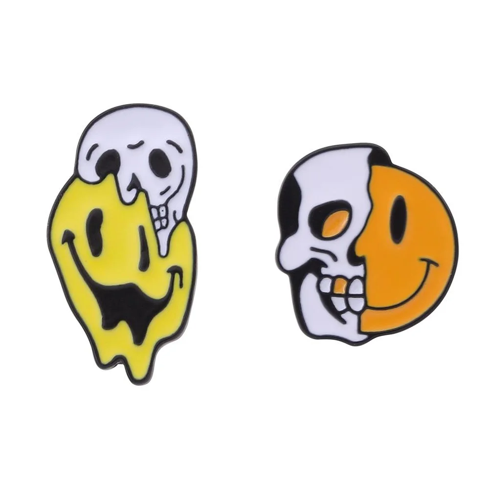 2Pcs/Set Horrible Half Skull And Simle Face Enamel Pins Personality Twisted Skeleton Head Brooches