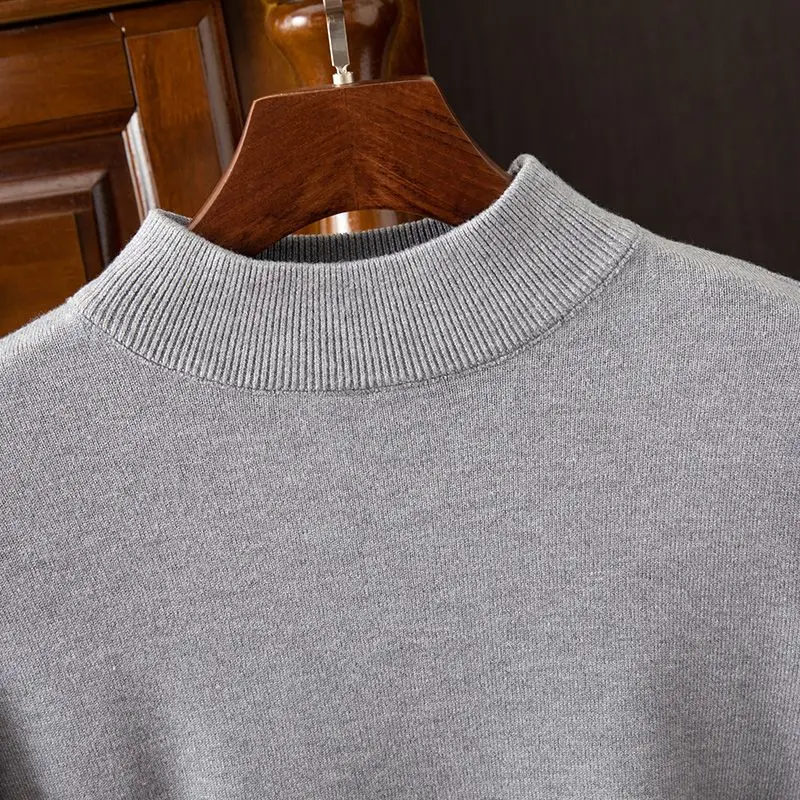 Half Turtleneck Cardigan Men's Loose Warm Bottom Shirt Thickened Pullover Mid-collar Sweater Solid Color Sweater