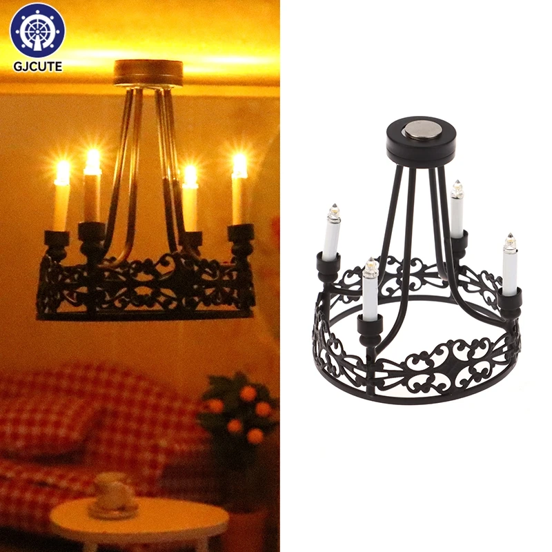 Lámpara de pared de luz LED en miniatura para casa de muñecas, candelabro redondo de cuatro cabezas, modelo de iluminación para el hogar, decoración de muebles, juguete, 1 piezas, 1:12