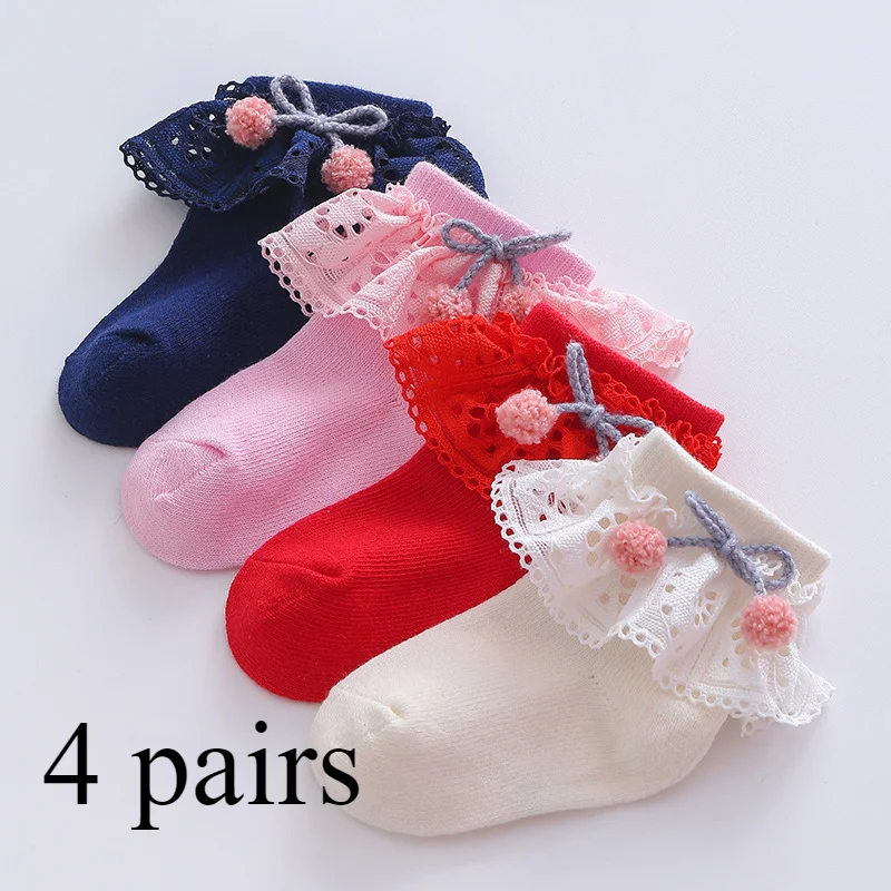 New Baby Socks Simple Fashion Bow Cherry Lace Spring and Autumn Soft and Comfortable 0-2 Years Old Girls Socks