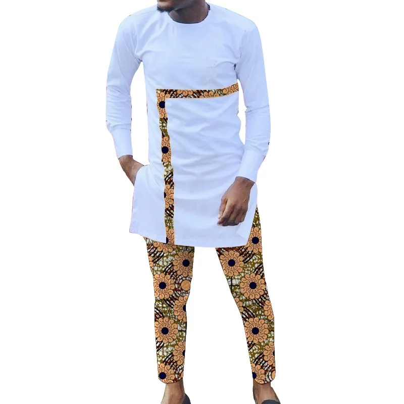 Men's Patchwork Shirt White Long Sleeve Tops+Dashiki Trousers Custom Pant Suits African Print Party Wear