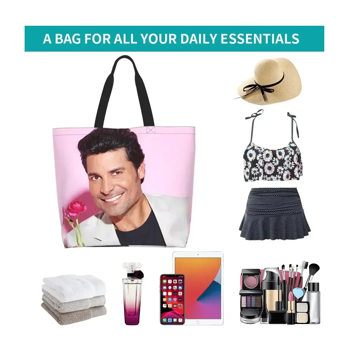 Chayanne Dance With Me-bolsas de compras de lona impresas, bolsos de hombro de gran capacidad, bolso de mano de cantante Pop latino