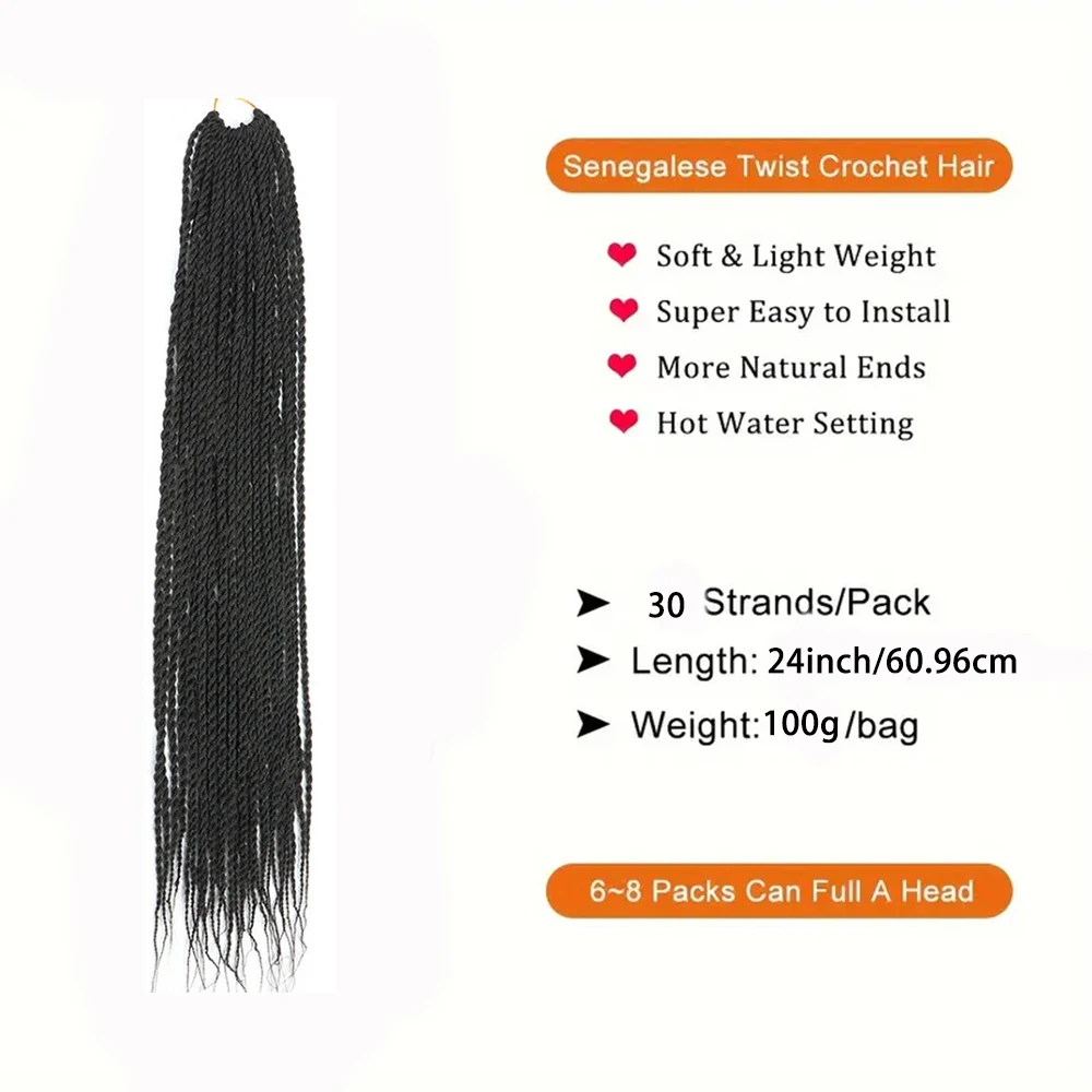 Sintético senegalês torção trança cabelo extensão peruca, peruca de crochê Dreadlocks Africano, acessório de cabelo, 30 bandas Pack