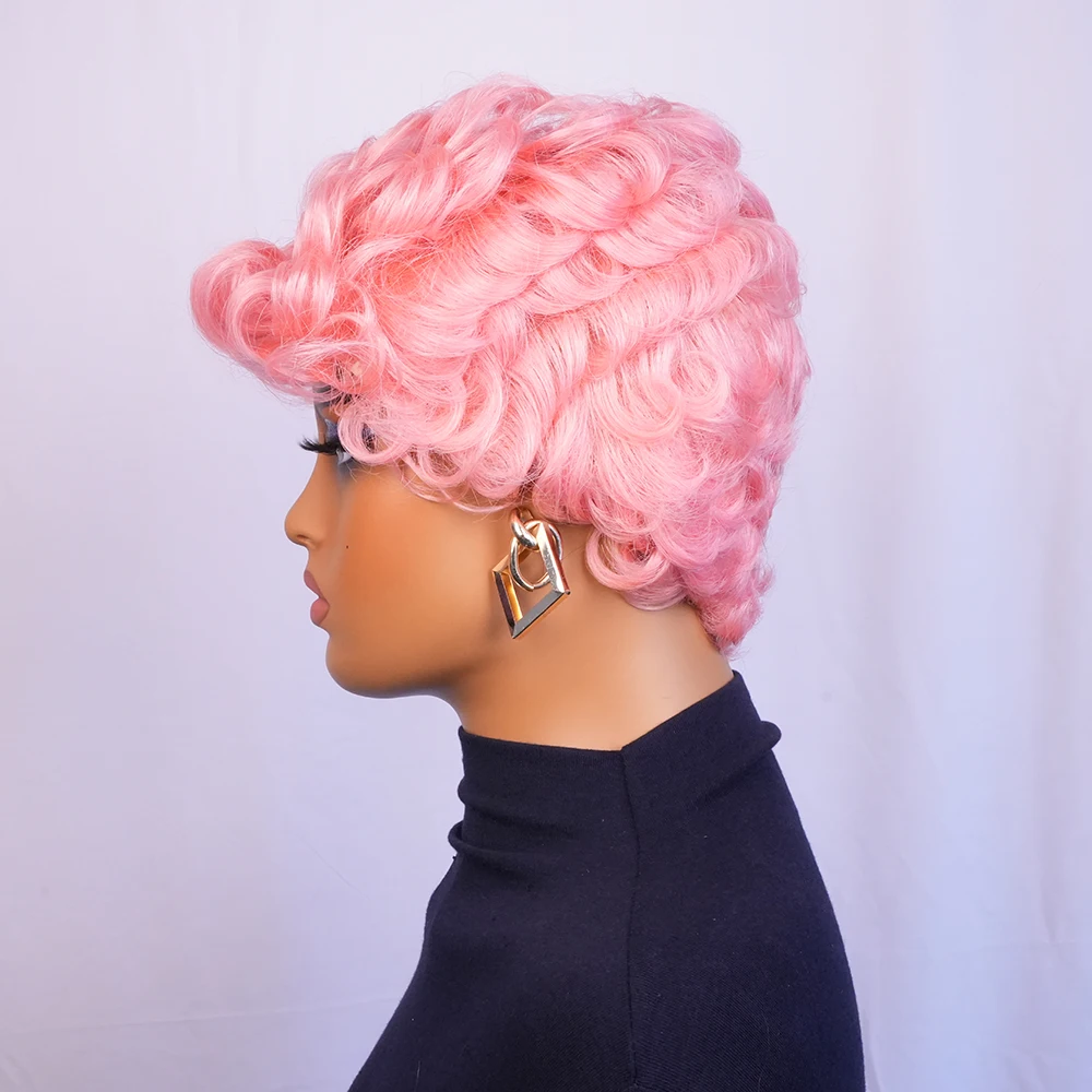 شعر مستعار بشري برازيلي مموج فضفاض، شعر مستعار قصير مجعد بقص عابث مع شعر مستعار بشري قصير مصنوع آليًا بالكامل