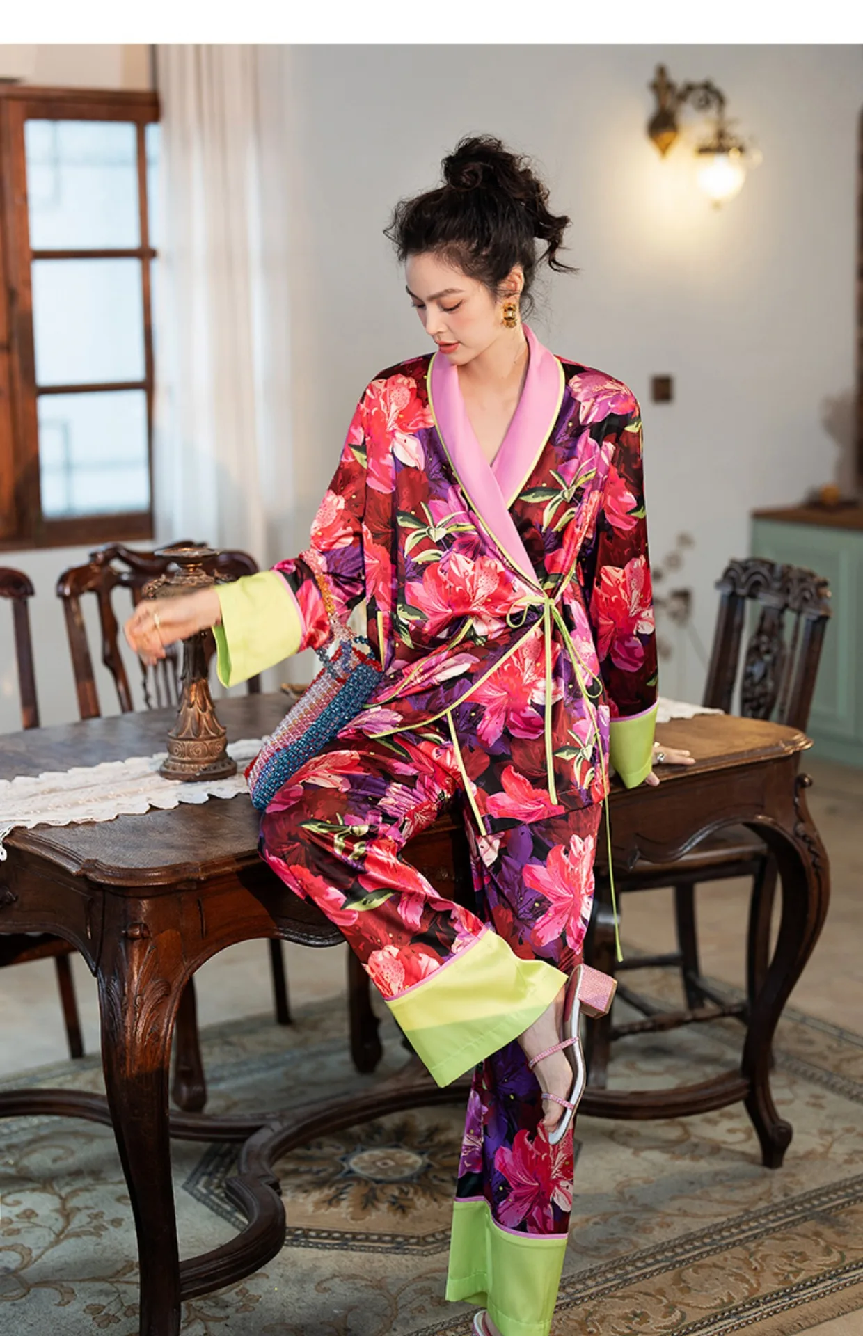 Rose Printed Satin Pijamas Set Silk V Neck Loungewear Sleepwear For Women Long SleevesKimono pants 2pcs Suit Homewear For Female