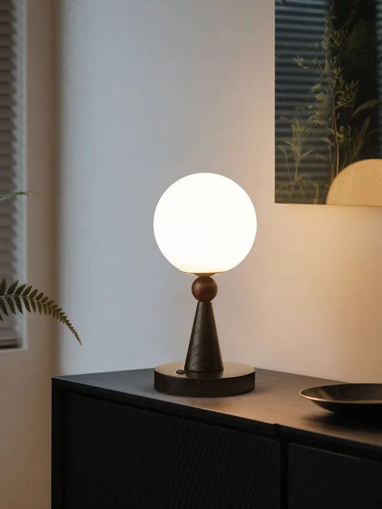 Vintage Decorative Mushroom Table Lamp Curved Wood Base Milky White Glass Shade Warm LED Lamp For Bedroom Side Table Living Room