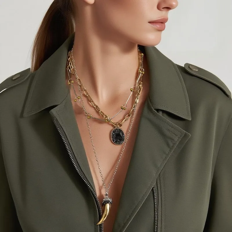 Horn Layered Mixed Chain Necklace Gold Link Silver Horn Pendant Black Coin Charm Edgy Streetwear Jewelry Women Gift