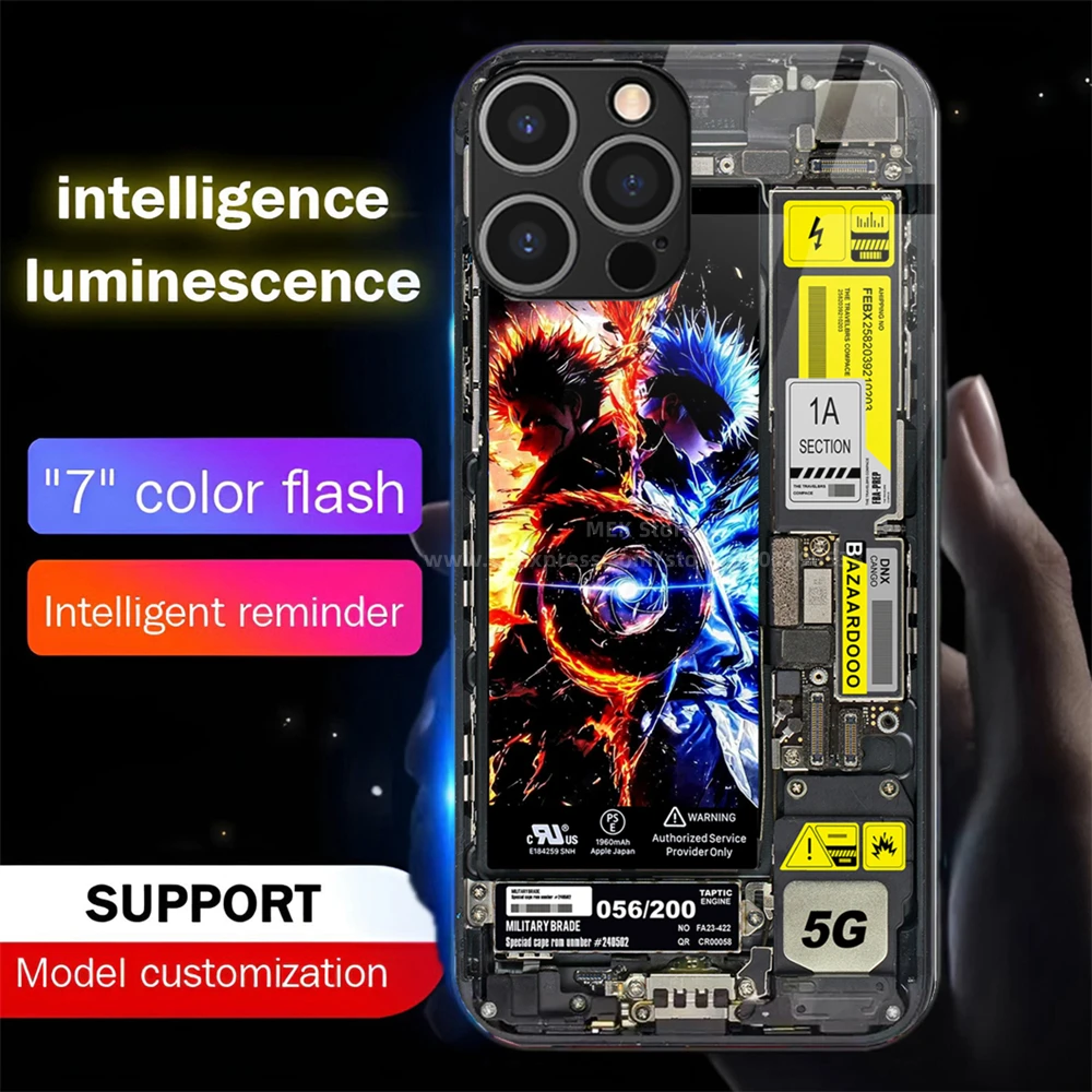 

Popular Punk Anime Luminous Glass LED Call Light Up Flash Phone Case Cover For iPhone 16 E 15 14 13 12 11 Pro Max XR XS Plus SE