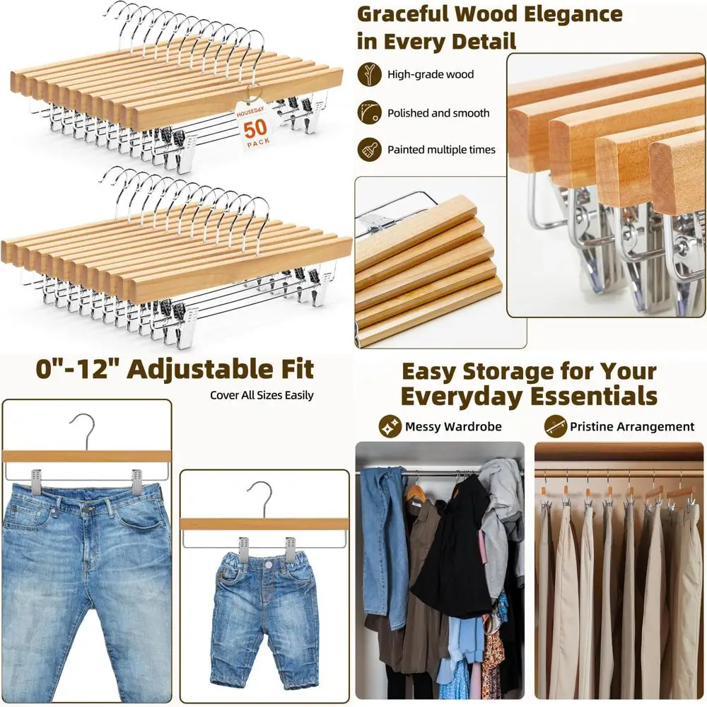 

Premium Wooden Pants Hangers 50 Pack, Solid Lotus Wood Skirt Hangers with Adjustable Clips, Heavy Duty Anti-Slip for Clothing St