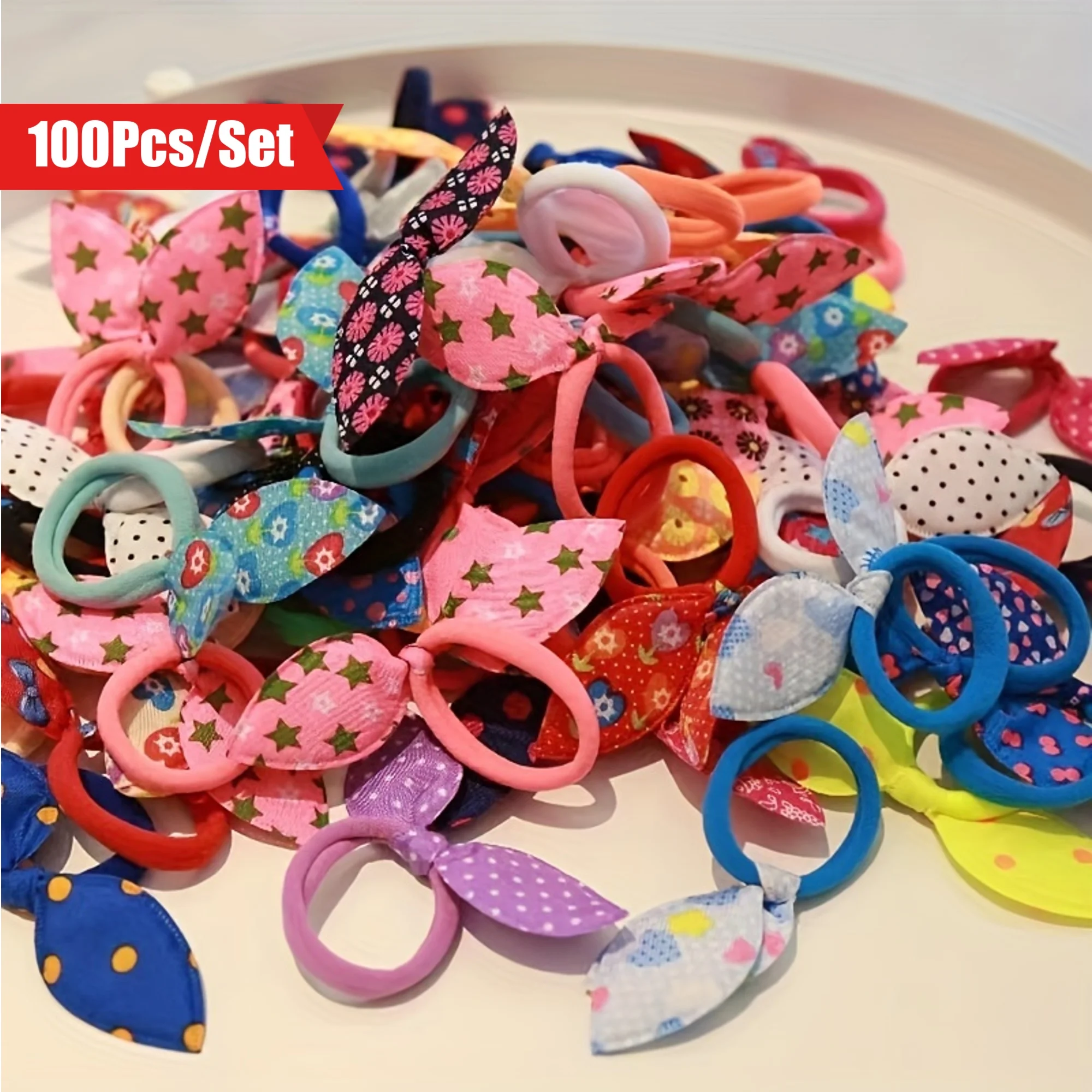 100pcs/set Girls Cute Rabbit Ears Hair Ties Stretch Rubber Bands Hair Ropes Ponytail Holders Hair Accessories Children's Gift