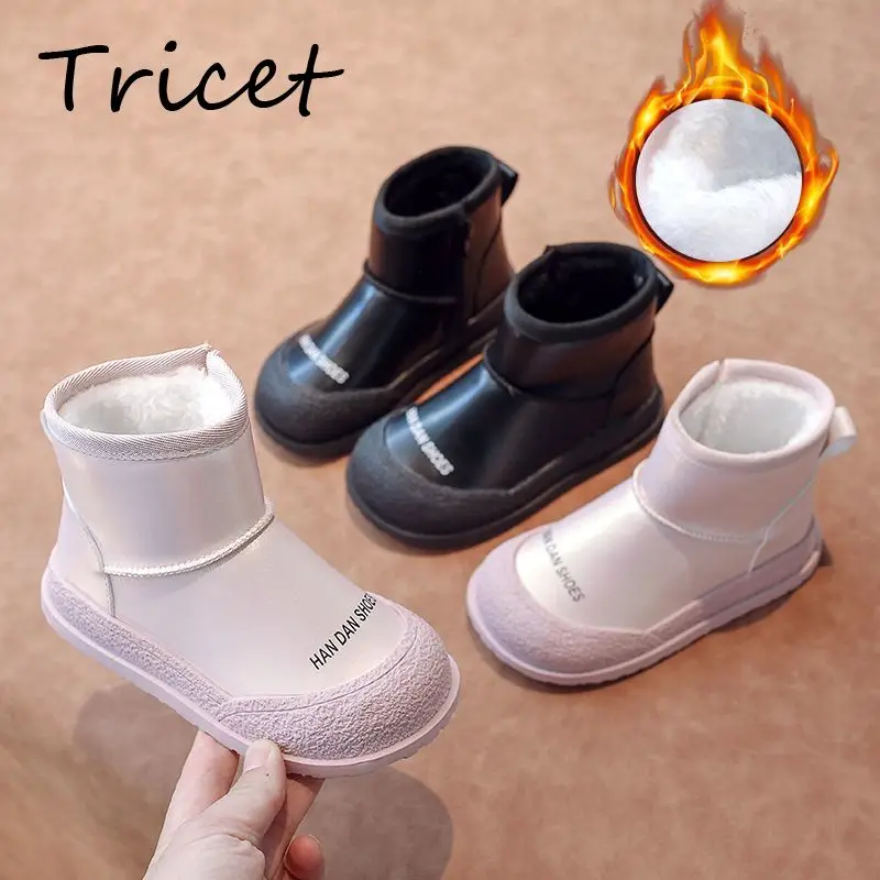 Winter Solid Girls Boys Snow Boots PU Leather Zip Soft Children Ankle Shoes Plush Warm Non Slip Kids Fashion Boots