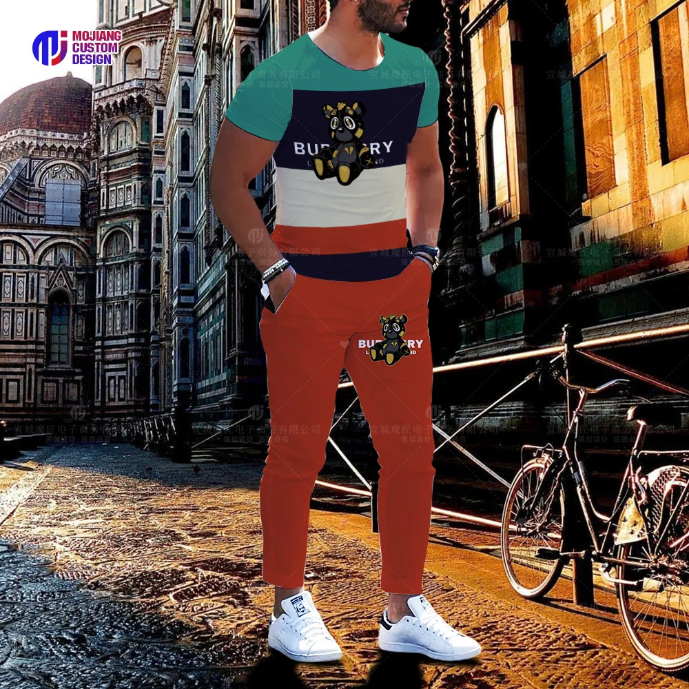 Camiseta de oso personalizada con estampado 3D para hombre, pantalones de manga corta, ropa deportiva de verano de 2 piezas, traje informal, ropa