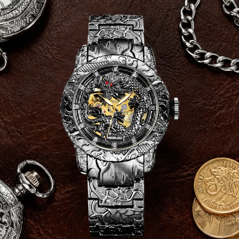 A Men's Black Fashion Style Creative Black Dragon Carved Fully Automatic Mechanical Watch view 3