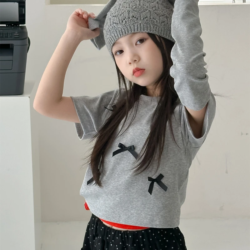 

Girls' T-Shirt 2024 Autumn New Korean Version Bow Shoulder Design Sense Short Top Versatile Trendy