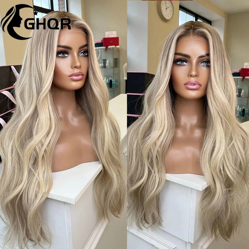 Highlights Blonde Human Hair Wigs Brown Roots Colored 360 Lace Frontal Wig Natural Wavy Transparent Lace preplucked human wig