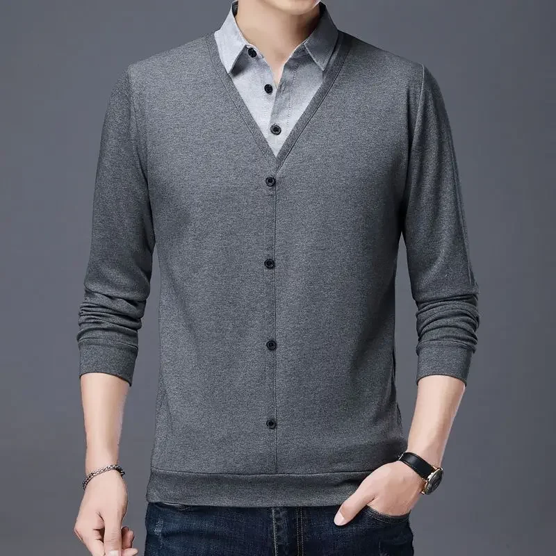 

Модный мужской лоскутный свитер с длинными рукавами, весенний корейский деловой однотонный свободный повседневный универсальный вязаный пуловер, топ JJ289