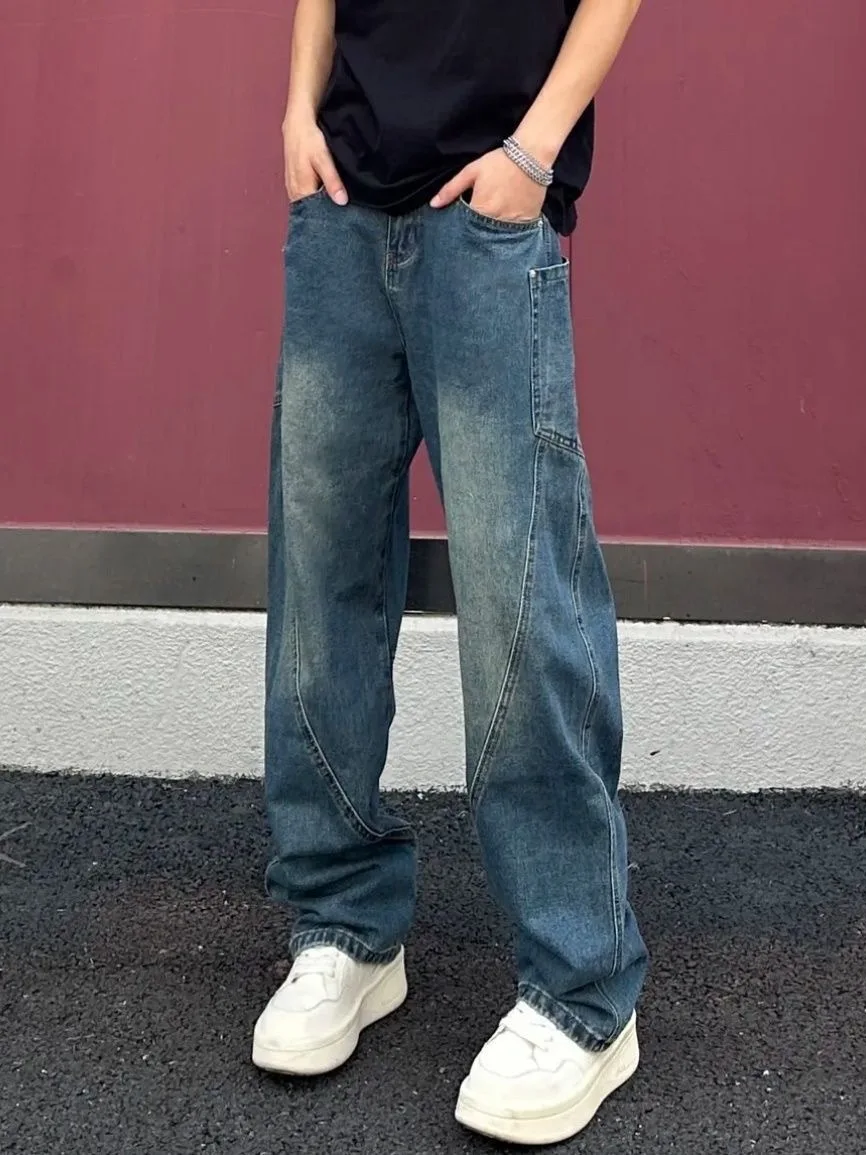 

Американские джинсы со сращенными ножками, мужские весенне-осенние свободные прямые брюки в стиле ретро, рабочая одежда, молодежная повседневная одежда
