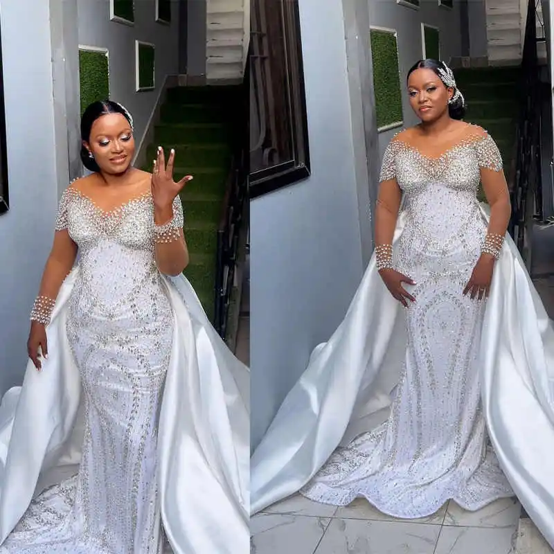 

Luxurious Crystal Mermaid Wedding Dress O Neck Sequins Long Sleeve Bride Gowns Detachable Sweep Train Bridal Dresses Customized