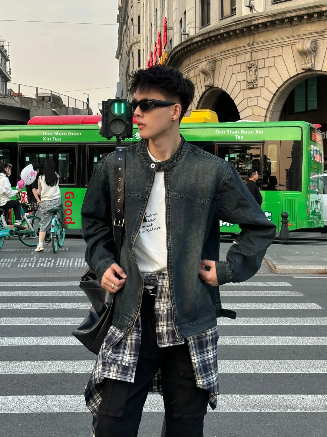 

Waed Vintage oulder Jeans Jaet Men ort American Retro Patchwork Top High-End Feelings Haome No Collar Jaet