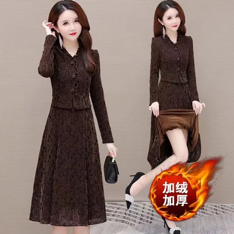 Fake Two-piece Women's Plus Velvet Padded Dress 2025 Autumn Winter New Female Middle-aged Mother Slim Vestidos Bottoming Skirt