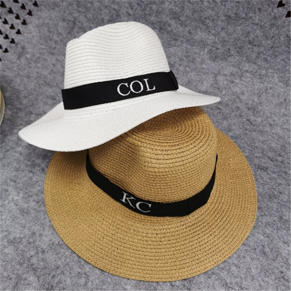 Embroidered Name Women\'s Beach Summer Sun Hat Wide Brim Summer Hat Custom Any Name Ladies Straw Fedora Hat Party Gift Straw Hat