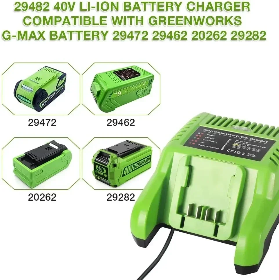 40V Lithium Ion Battery Charger 29482 Compatible With GreenWorks G40C Tools For G-Max 36V 40V Li-Ion Battery 29472 Power Tools