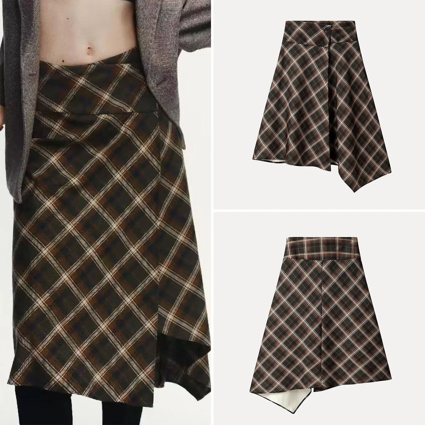 Gonna scozzese casual da donna a vita media Orlo asimmetrico Versatile gonna a trapezio di marca Faion Z autunno inverno