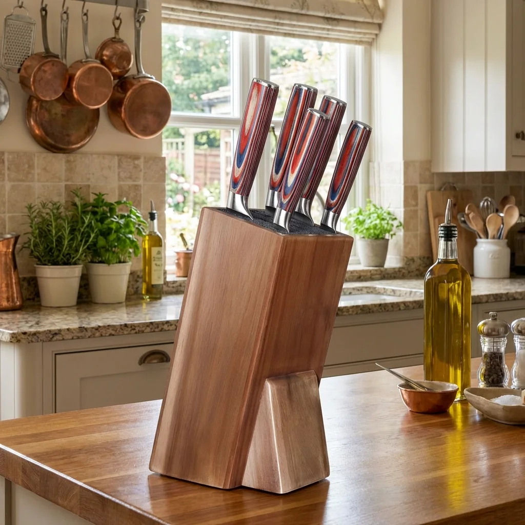 Acacia Wood Universal Knife Holder Kitchen Knife Holder Storage Stand with Bristles for Kitchen Counter Solid Wood Knife Block - view 3