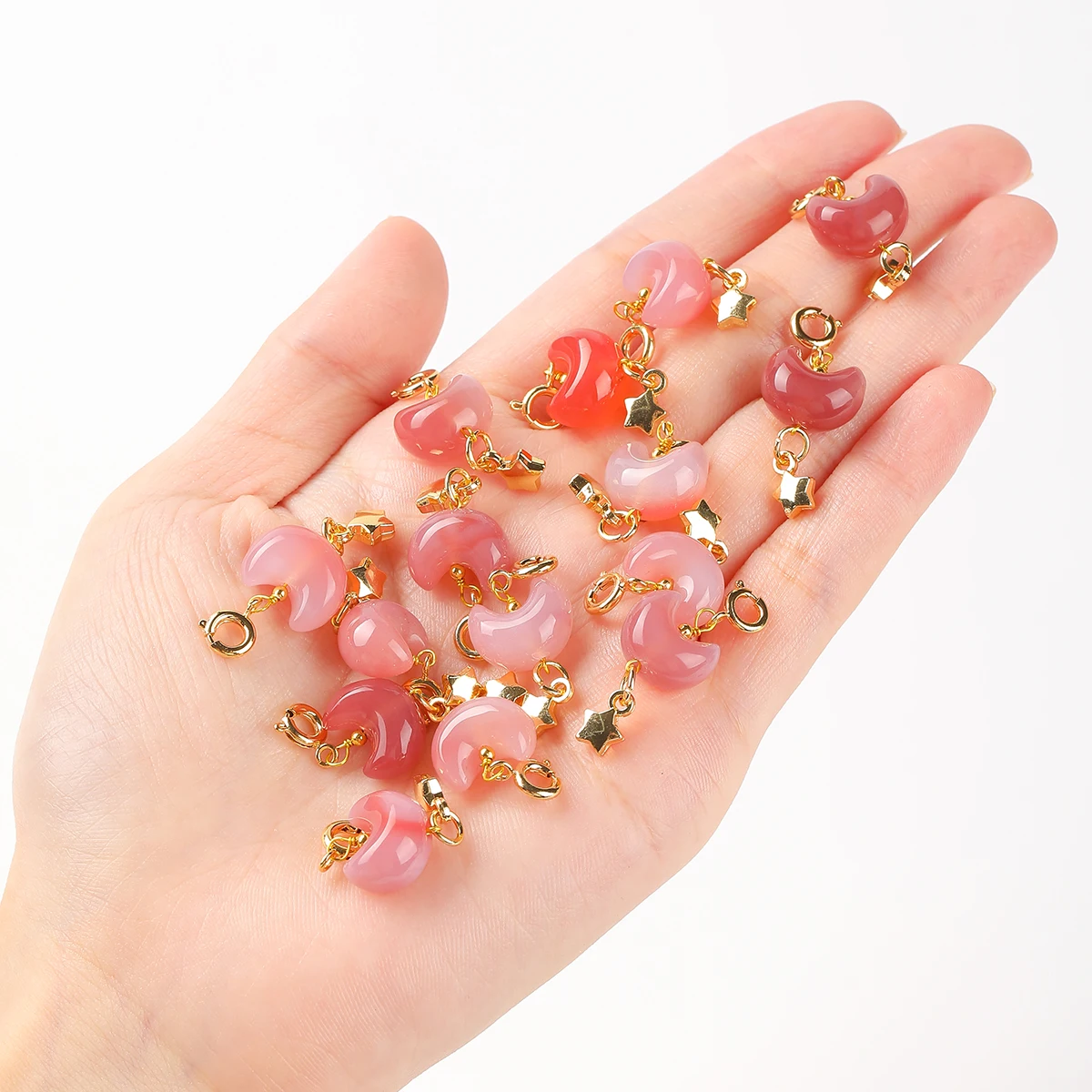 Natural Stone Moon Carved Beads Clear Quartz Strawberry Quartz Moonstone Agate Loose Beads DIY Bracelet Necklace Jewelry Making