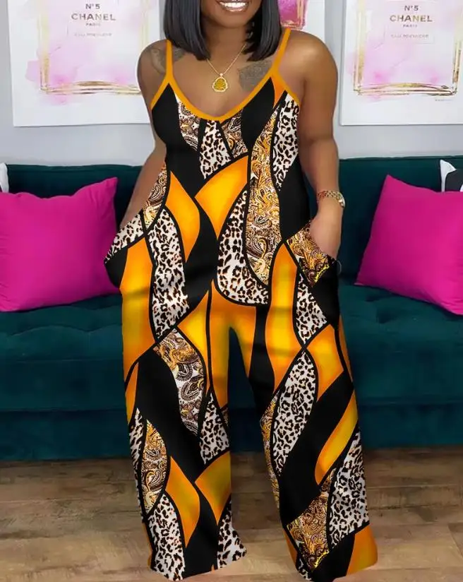 

Women's Versatile Patterned Jumpsuit Spaghetti Strap and Wide Leg Pants Fashionable Jumpsuit ﻿
