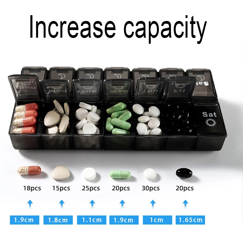 Box for Pills Medicine Vitamin Box Weekly Pill Box 7 Days in English Container for Tablets Travel Pill Organizer