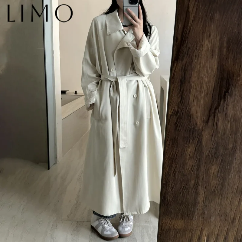 

LIMO Elegant Long Trench Coat Women - Minimalist Double Breasted Belted Casual Oversized Drape Daily Versatile Lazy Chic