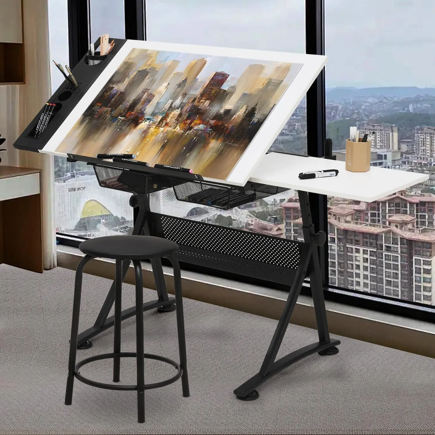 Drafting Table with Height Adjustable Wood Top, Drawing Table with Storage Drawers, Extendable Design, Art Desk